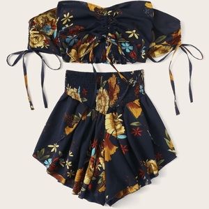 Plus Off Shoulder Floral Print Shirred Top With Shorts